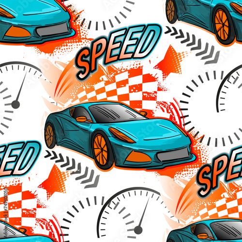 Abstract seamless grunge pattern for boy. Urban style modern background with sport car. Drive and speed  wallpaper for guys. Extreme style