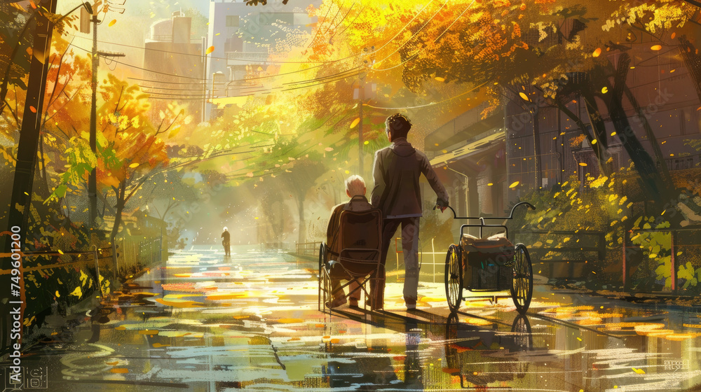 A person is seen from behind pushing an elder in a wheelchair down a tree-lined street bathed in the warm glow of the setting sun
