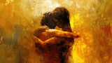 An abstract artwork capturing a tender moment between two people in an embrace, surrounded by rich golden and amber tones