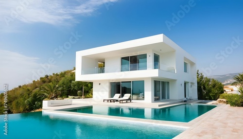 Luxury villa with a swimming pool, white modern house, beautiful sea view landscape, coast created with generative ai   © cd