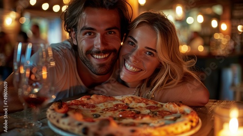 Man and Woman Hugging in Front of Pizza