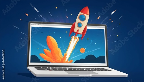 Illustration of a cartoon rocket launching from laptop screen on vibrant blue background created with generative ai.