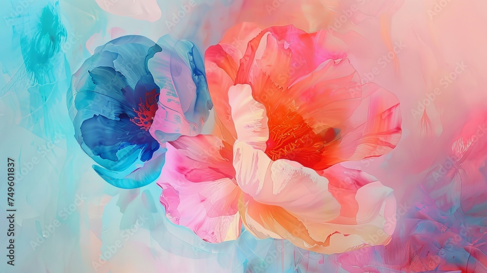 A detailed view of a flower set against a blue and pink background. Summer bloom concept. Spring Watercolor Abstract Background