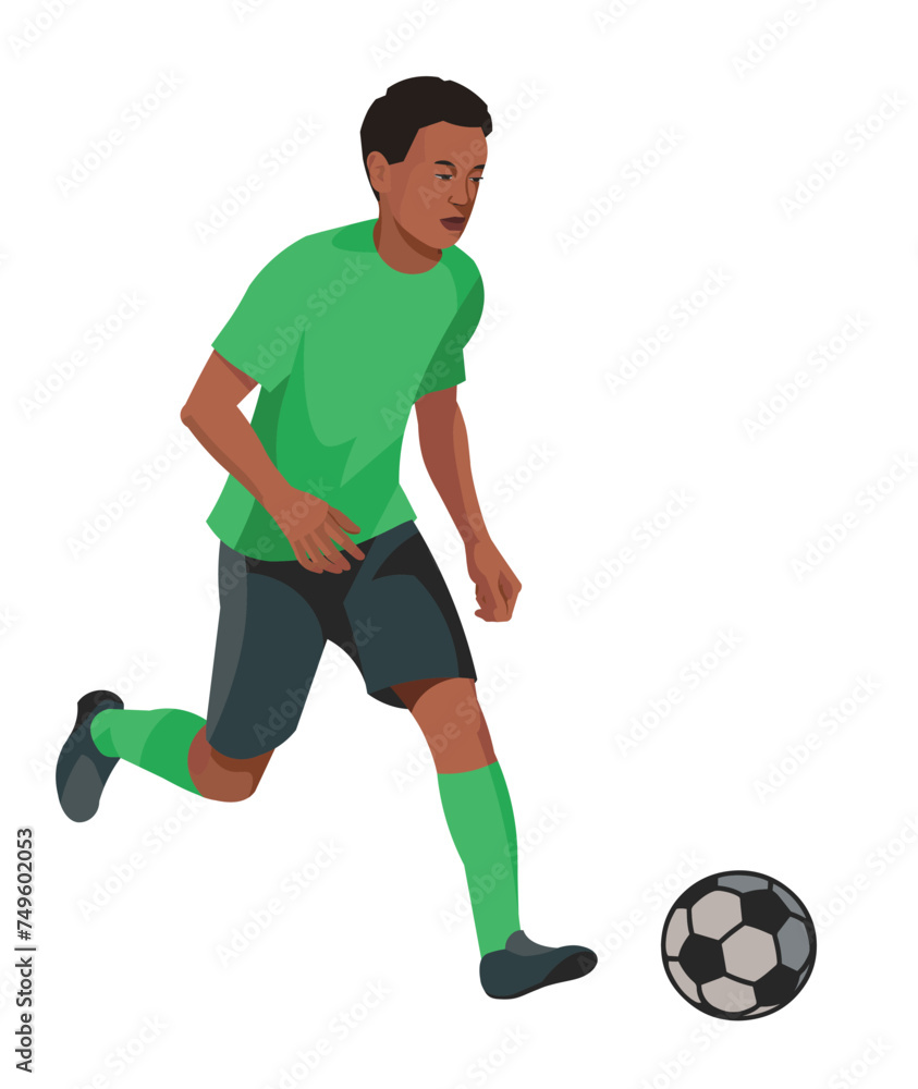 Nigerian teenager boy in green t-shirt playing football running with the ball on the field during a training session or a junior competition