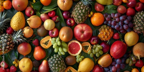 fruits and citruses Assorted top view texture Generative AI © Evghenii