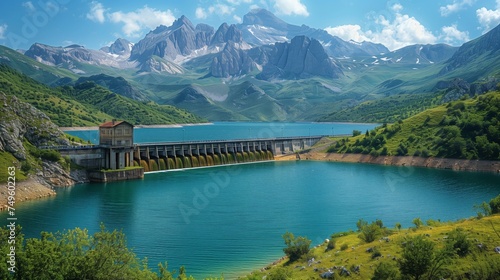 A dam in a mountainsurrounded lake creates a stunning natural landscape