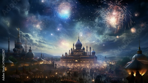 Majestic Castle With Fireworks Display photo