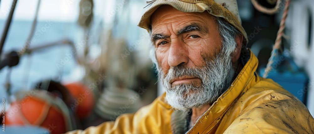 portrait of elderly bearded fisherman working on a fishing boat