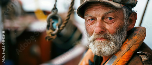 portrait of elderly bearded fisherman working on a fishing boat © vvalentine