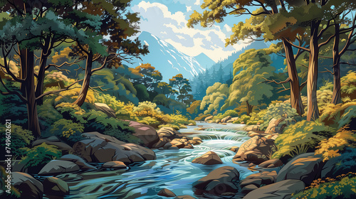 illustration of a forest with a stream