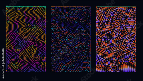 Set of holographic patterns with warped psychedelic pattern of colorful neon lines.