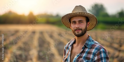 Farmer male  in a straw hat against the background of a field Generative AI