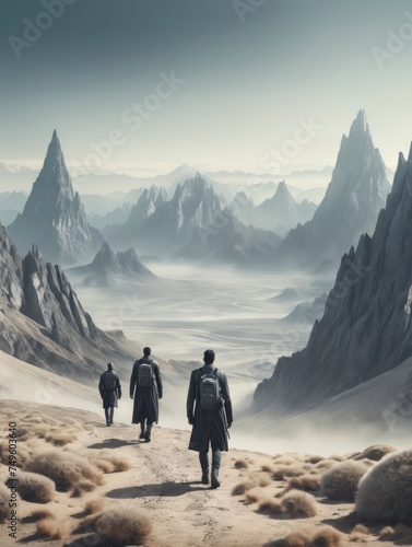 Explorers trek in a surreal mountainous landscape.