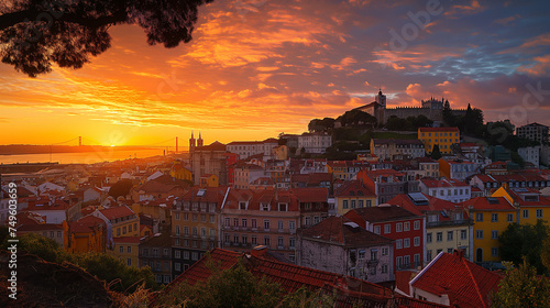 Sunrise over Historic Lisbon, The warm sunrise casting a golden light over the traditional architecture of Lisbon.