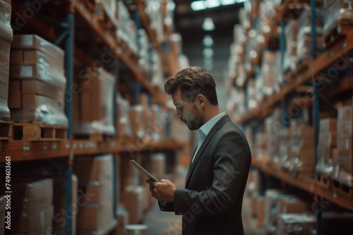 Businessman Reviewing Tablet in Warehouse