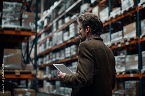 Man Holding Tablet in Warehouse