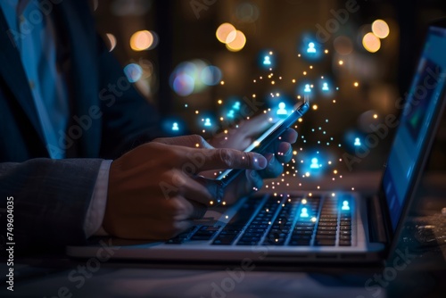 Businessman Using Laptop With Fireworks