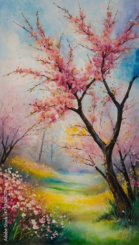 Abstract painting using oil pastels and watercolors, Flowering cherry trees