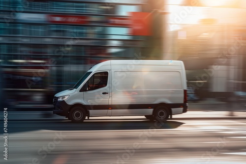 White Van Driving Through Urban Street