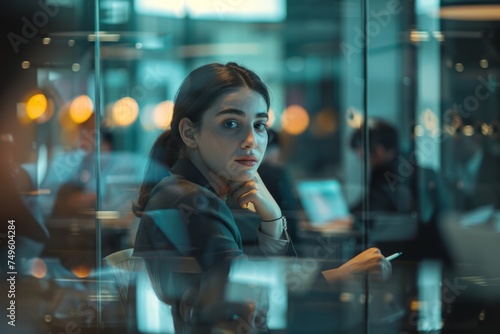 Woman Sitting at Table in Front of Glass Wall