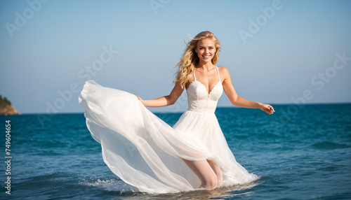 Joyful bride in a white wedding gown smiles brightly as she holds her dress, with the ocean waves gently lapping at her feet.Summer holiday at sea