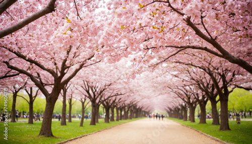 A serene park path is flanked by rows of cherry blossom trees  their pink flowers basked in the gentle light of early morning  creating a tranquil and picturesque scene.