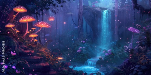 A breathtaking digital painting of a fantasy forest with towering mushrooms aglow with internal light  amidst an ethereal misty landscape. Resplendent.