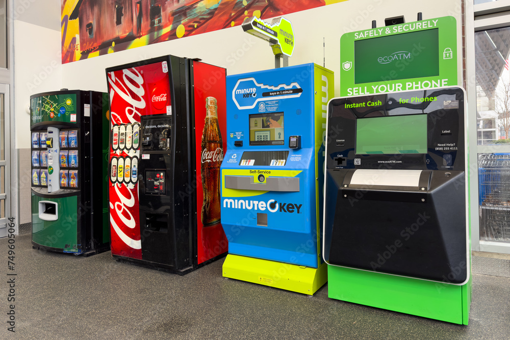 Self service and vending machines at the entrance of Walmart superstore ...