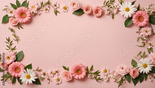 A banner made of flowers for a greeting card template for a wedding, or a women's holiday. A composition with space to copy and its own text. © vladnikon