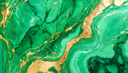 An abstract representation of the texture of green marble with swirling patterns and elegant gold flecks creates a luxurious visual effect.