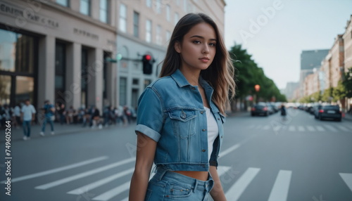 A stylish young woman in a denim outfit walks with confidence on a city street, with historic architecture and a clear sky in the background photo