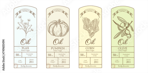 Label for a bottle of vegetable oils. Hand drawn, vintage style design. Corn oil, flax, olive, pumpkin. Minimalistic vintage vector design,