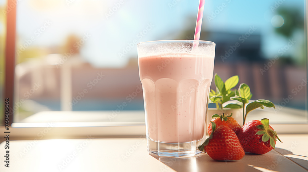 A glass of fresh milkshake with strawberries, standing on a table indoors A glass of fresh milkshake with strawberries, standing on a table indoors