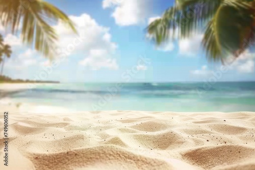 Summer exotic sandy beach with blur palms and sea on background, generated with AI © sch_ai