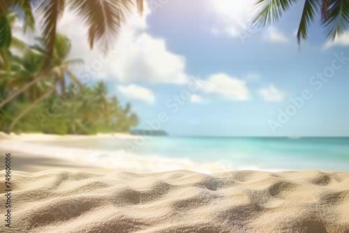 Summer exotic sandy beach with blur palms and sea on background  generated with AI