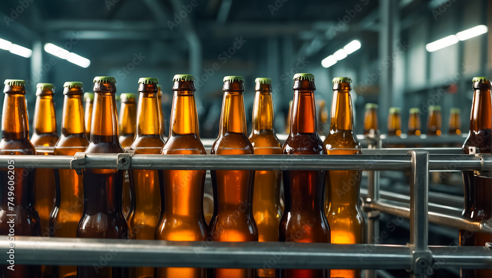 glass beer bottles on a conveyor belt beverage glass beer bottles on a conveyor belt beverage
