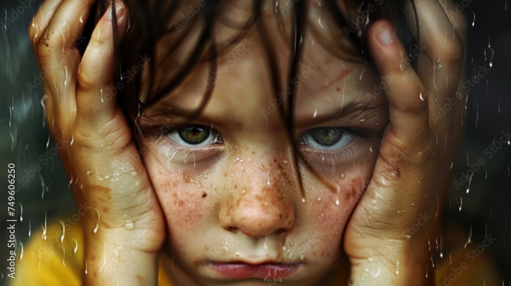 Introspective child with freckles feeling sorrow and loneliness. Poignant portrait of a young boy contemplating in the rain. - obrazy, fototapety, plakaty 