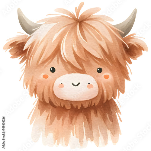 Cute highland cow watercolor clipart with transparent background