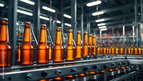 glass beer bottles on a conveyor belt automated