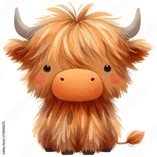 Cute highland cow watercolor clipart with transparent background