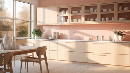 A kitchen with big window, pink cabinetry, a dining table, chairs, and a wood countertop