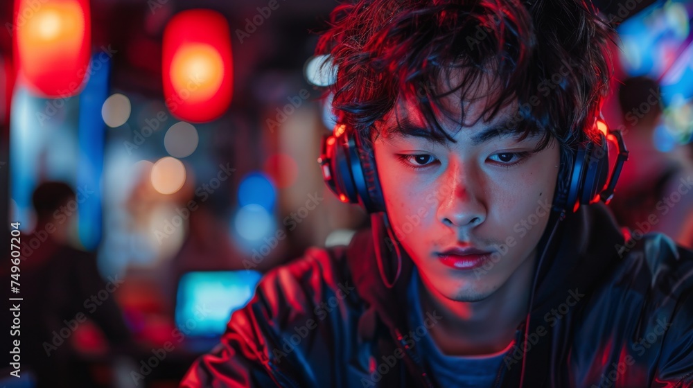 Fototapeta premium Young Man Listening to Headphones in Dark Room