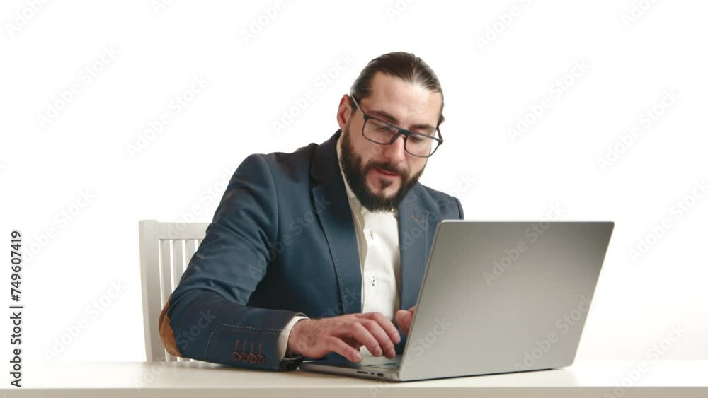 A satisfied financier ends his workday with a laptop in hand, signifying successful task completion and a positive end to a productive day on a white background. Camera 8K RAW. A satisfied financier ends his workday with a laptop in hand, signifying successful task completion and a positive end to a productive day on a white background. Camera 8K RAW.