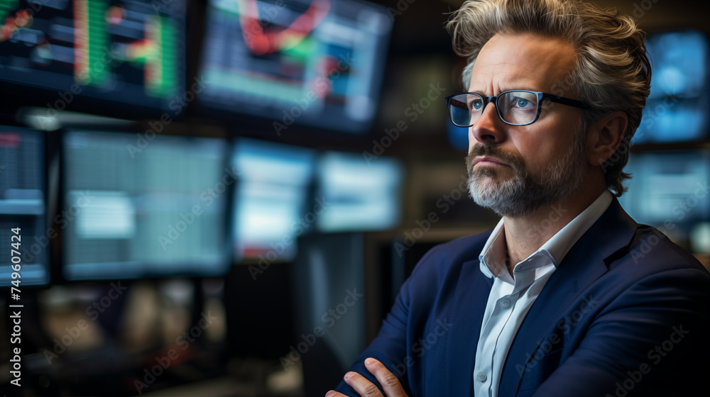 A man in glasses looks at monitors with charts of stock market shares. A man in glasses looks at monitors with charts of stock market shares.