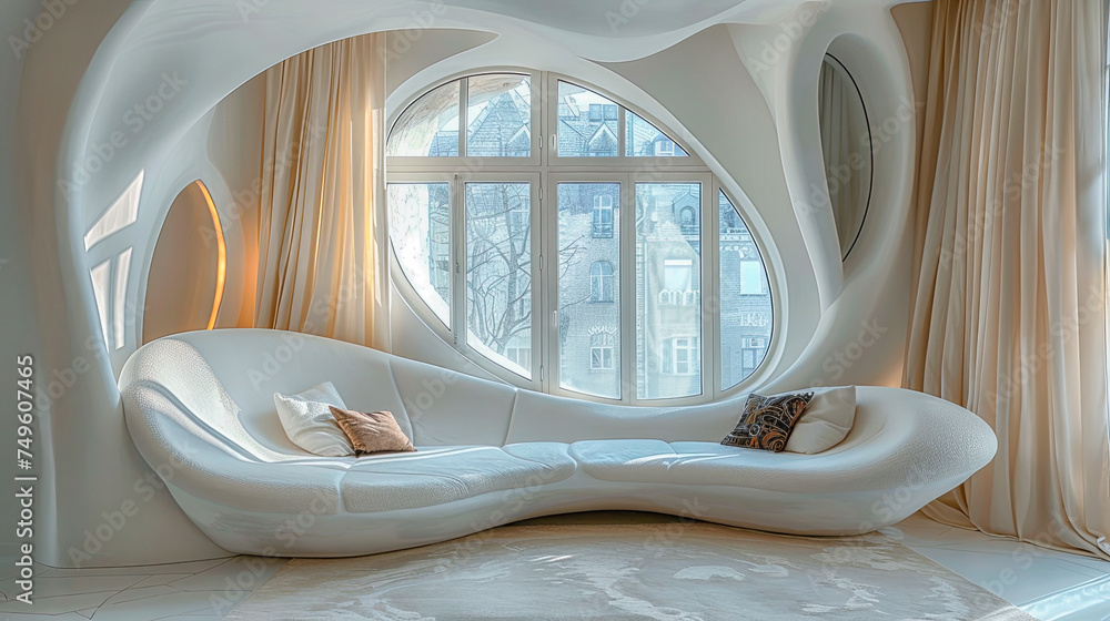  Luxury living room with white sofa. Futuristic interior concept.