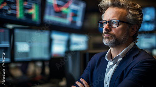  A man in glasses looks at monitors with charts of stock market shares.