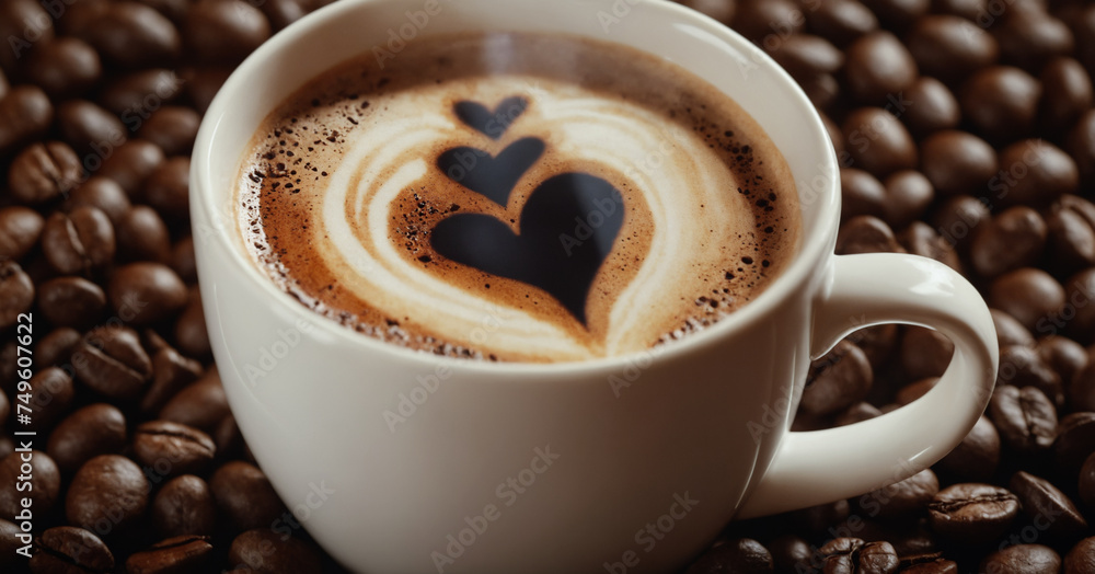 A cup of coffee with foam hearts surrounded by coffee beans. A cup of coffee with foam hearts surrounded by coffee beans.