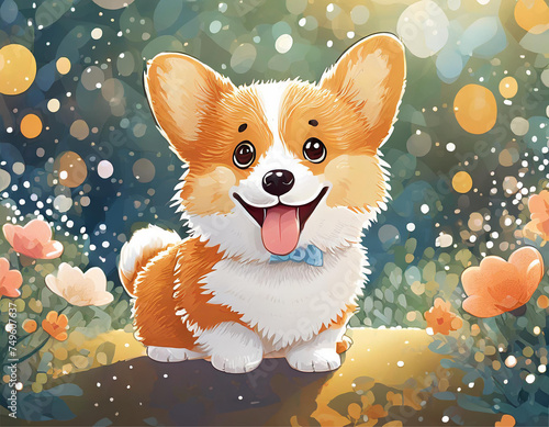 A cute, adorable, happy kawaii pappy smilling at viewer. Vibrant, dreamy vibe around the puppy. Kawaii art.  photo