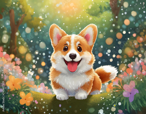 A cute, adorable, happy kawaii pappy smilling at viewer. Vibrant, dreamy vibe around the puppy. Kawaii art.  photo