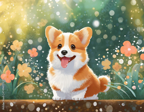 A cute, adorable, happy kawaii pappy smilling at viewer. Vibrant, dreamy vibe around the puppy. Kawaii art.  photo